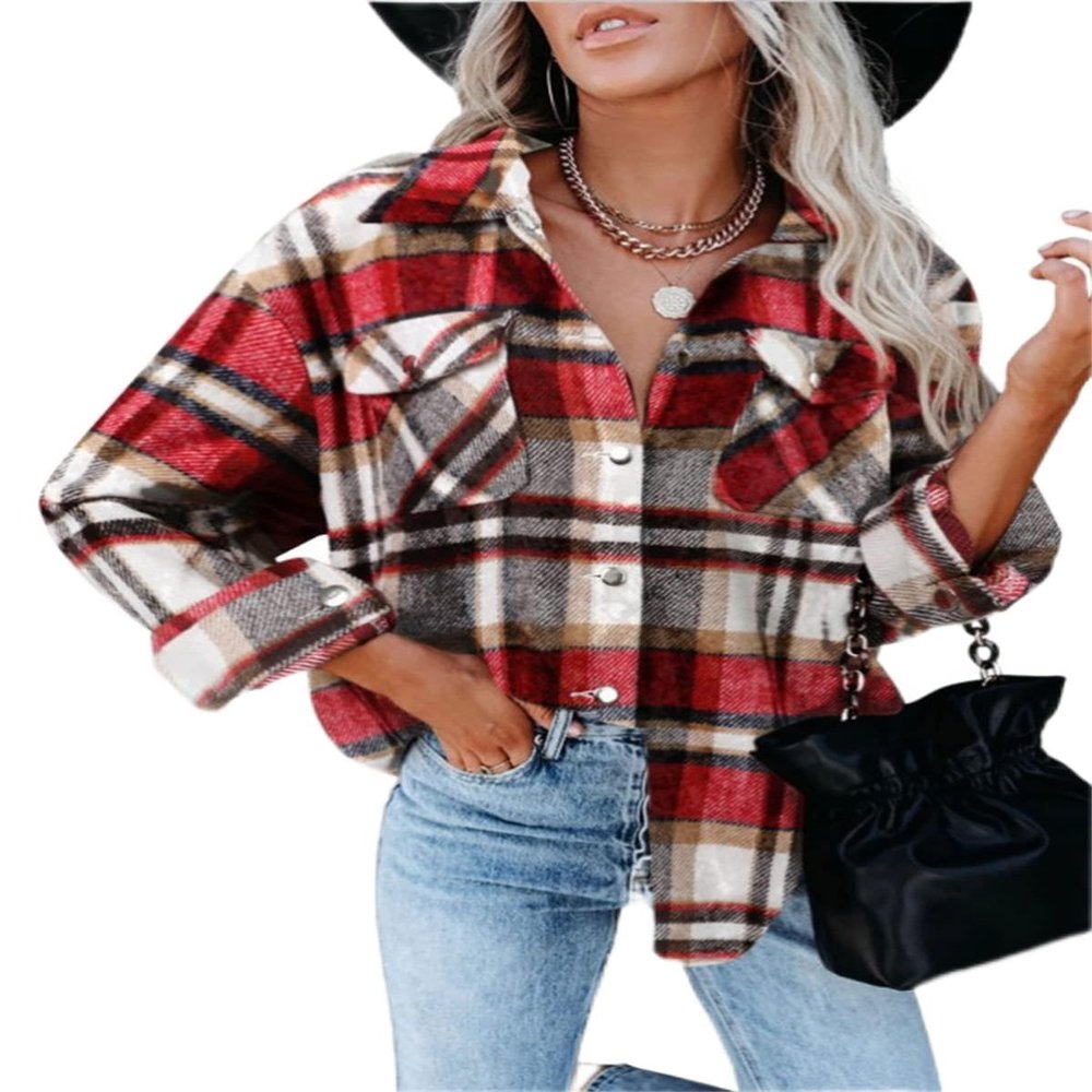 Clearance Womens Long Plaid Shacket Jacket Casual Fashion Lapel Button Down Long Sleeve Long Plaid Coat with Pockets D-red