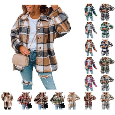 Womens Flannel Plaid Shacket Jacket Long Sleeve Button Down Shirt Coat Fashion Wool Blend Outwear Corduroy Blouse Top A-Brown