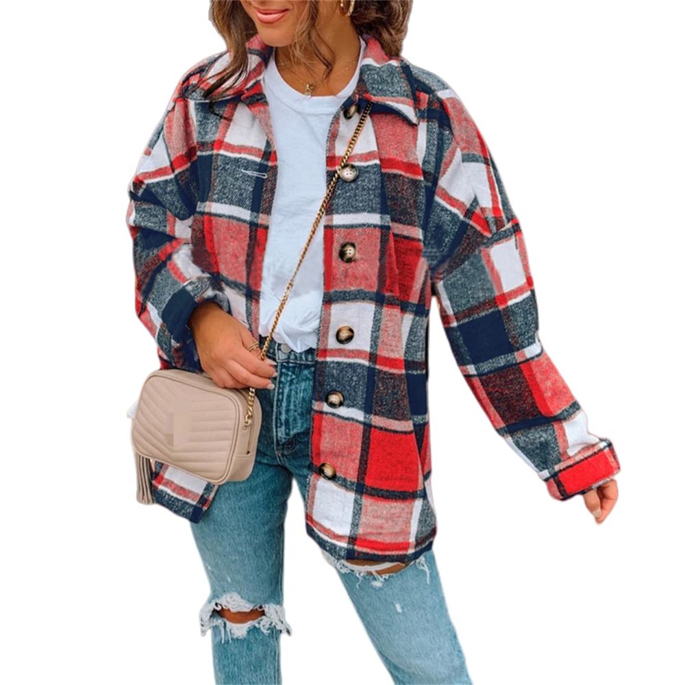 Clearance Women's Plus Size Flannel Plaid Shacket Button Down Long Sleeve Flannel Shirts Casual Lapel Fall Jacket A-red
