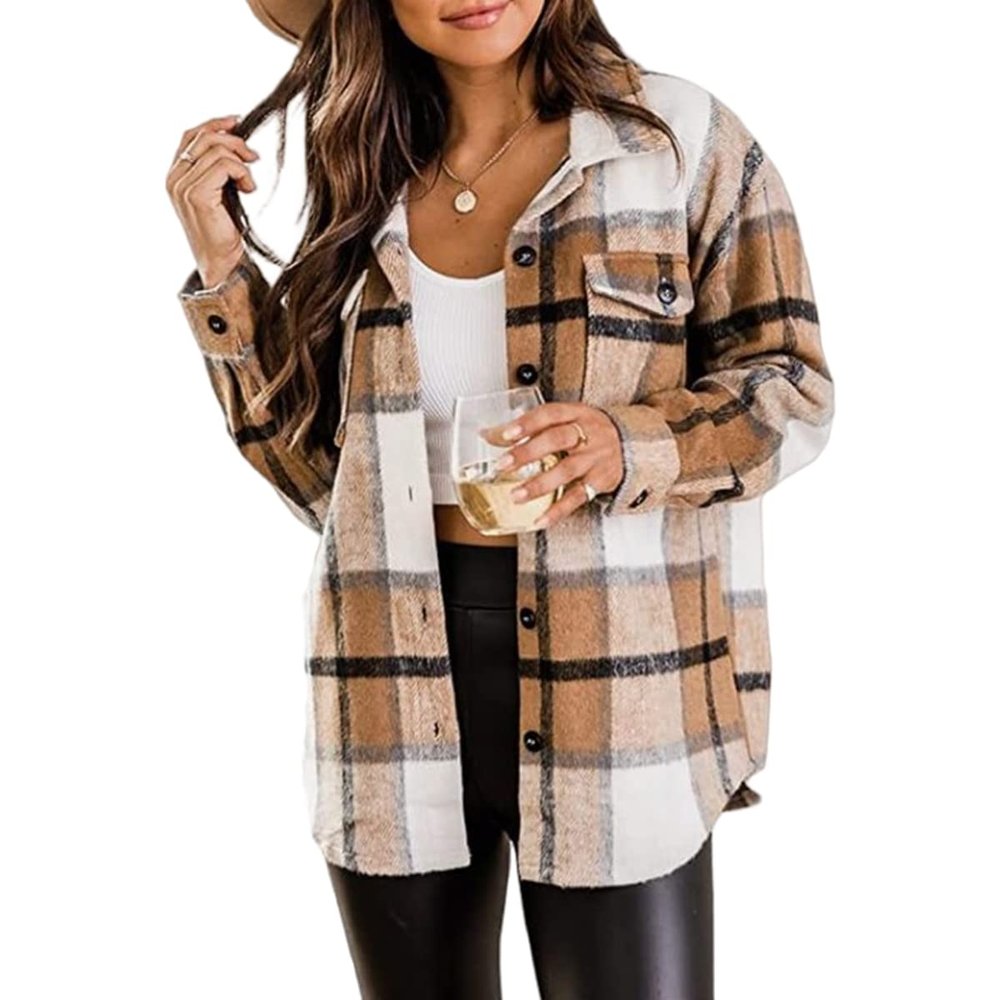Clearance Women's Flannel Plaid Shacket Long Sleeve Button Down Shirts Jacket Coats with Side Pockets B-Khaki