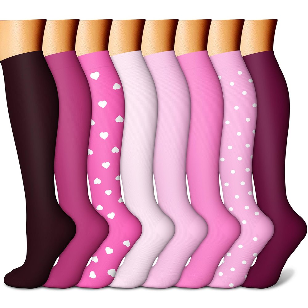 CHARMKING Compression Socks for Women & Men (8 Pairs) 15-20 mmHg Graduated Copper Support Socks are Best for Pregnant, Nurses - Boost Performance, Circulation, Knee High & Wide Calf (S/M, Multi 53)