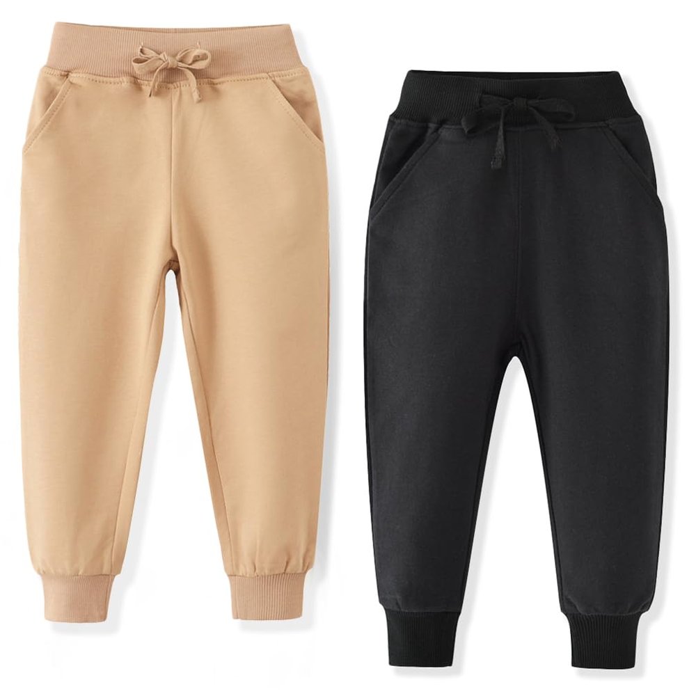 ACESTAR Toddler Boys Cotton Jogger Pants, Little Boys Drawstring Elastic Waist Sweatpants Kids Active Pants with Pocket 2 Pack Khaki and Black,6T
