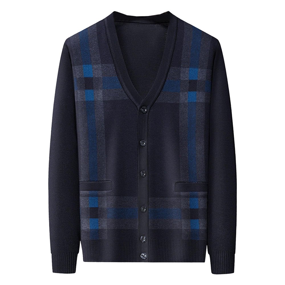 Men's Casual Argyle Cardigan Sweaters Button Up Wool Blend Jacket V Neck Soft Knitted Plaid Pockets Sweaters (XX-Large,Dark Blue2)