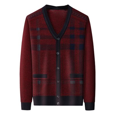 Men's Casual Argyle Cardigan Sweaters Button Up Wool Blend Jacket V Neck Soft Knitted Plaid Pockets Sweaters (XX-Large,Wine Red3)