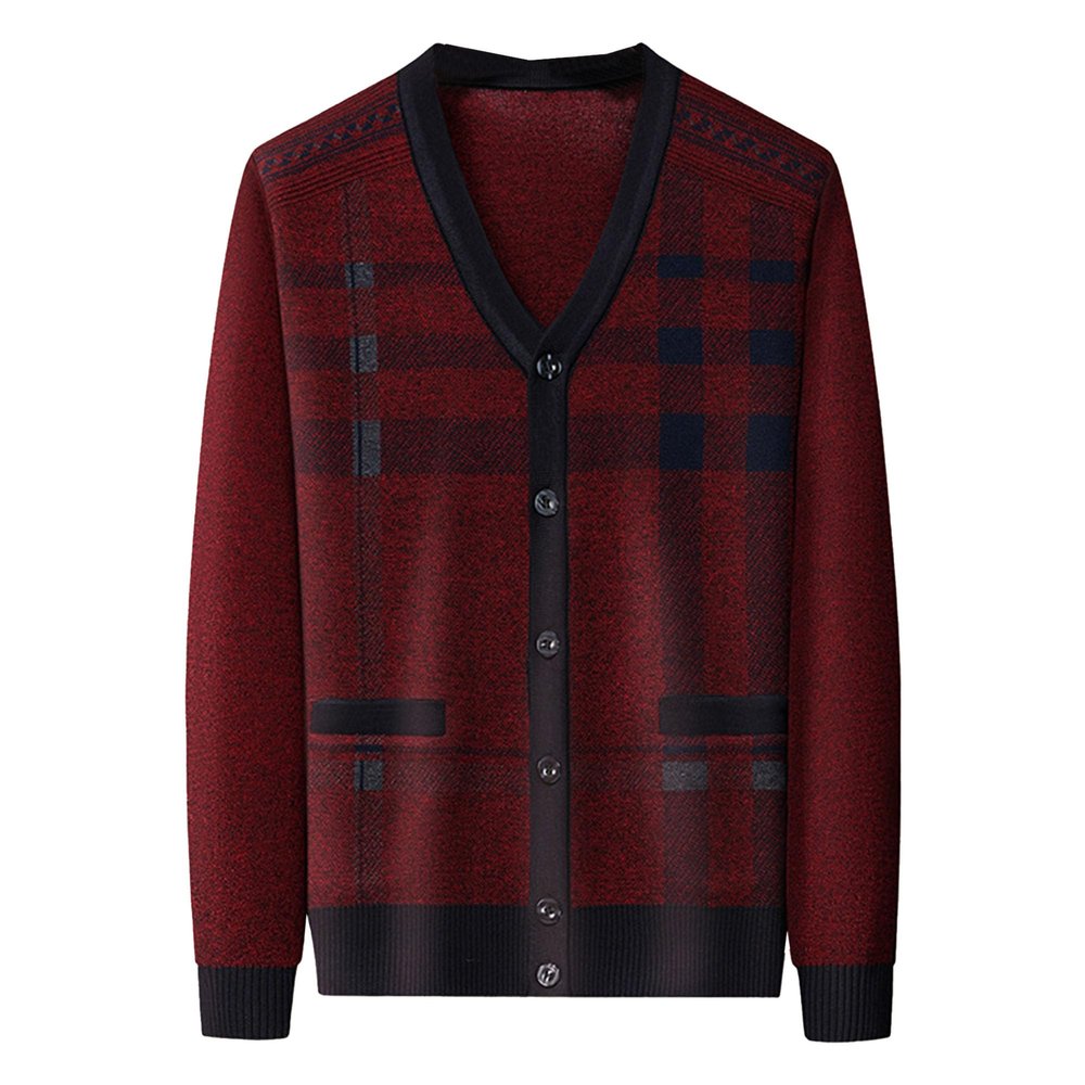 Men's Casual Argyle Cardigan Sweaters Button Up Wool Blend Jacket V Neck Soft Knitted Plaid Pockets Sweaters (XX-Large,Wine Red3)