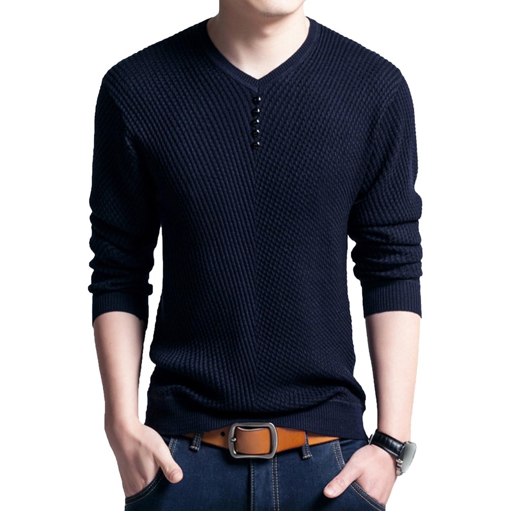 SWJGLITTR Men's Knitted Casual Pullover Men Long Sleeve V Neck Ribbed Sweaters Male Slim Fit Soft Basic Autumn Sweaters (XX-Large,Dark Blue)
