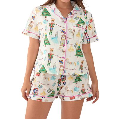 Aonoapll Women Christmas Pajama Set Nutcracker Printed Short Sleeve Button Shirt and Shorts 2 Piece Lounge Sleepwear(White,Small)