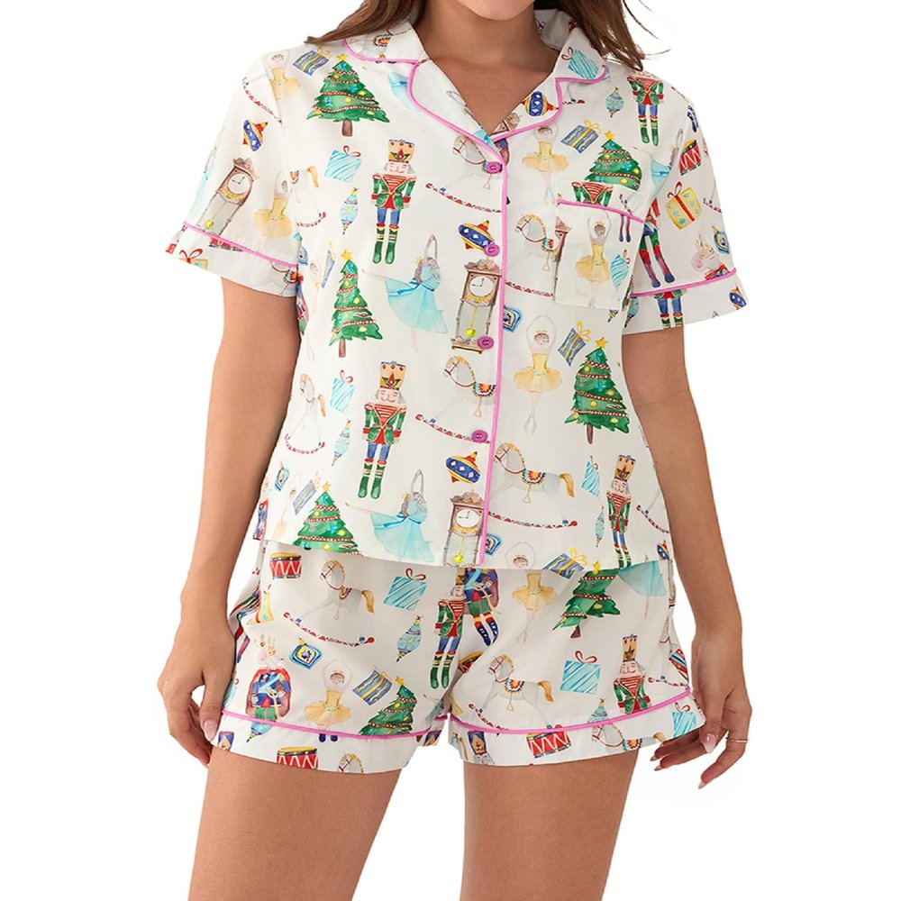 Aonoapll Women Christmas Pajama Set Nutcracker Printed Short Sleeve Button Shirt and Shorts 2 Piece Lounge Sleepwear(White,Small)