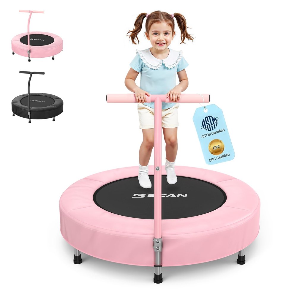 BCAN 36'' Toddler Trampoline, ASTM Certified - Kids Trampoline for Ages 1-6, Foam Handle & Safe Thickened Cover, Mini Trampoline for Kids Indoor, Easy to Assemble