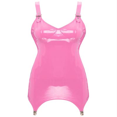ACSUSS Sexy Womens Bodycon Mini Dresses with Metal Clips Sleeveless Latex Tank Dresses Rave Party Costume Pink E Large