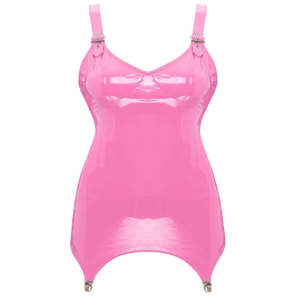 ACSUSS Sexy Womens Bodycon Mini Dresses with Metal Clips Sleeveless Latex Tank Dresses Rave Party Costume Pink E Large