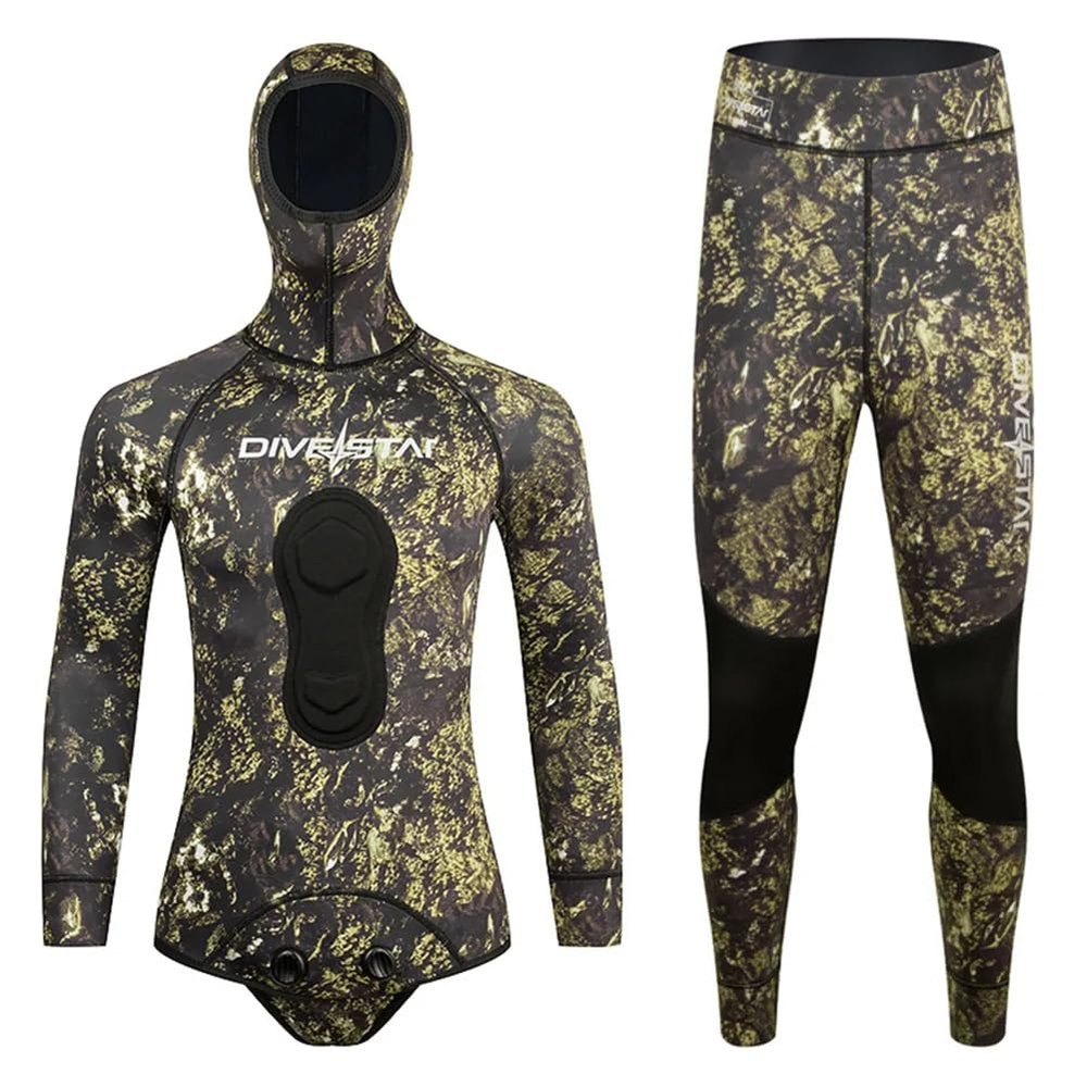 1.5MM Neoprene Spearfishing Wetsuit with Hooded, 2 Pieces Camouflage Hunting Diving Suit for Cool Water Freediving Snorkeling,M