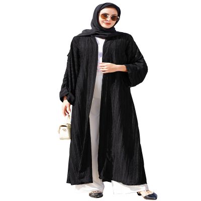 Abaya for Women Muslim Long Sleeve Stripe Open Front Cardigan Kaftan Dress with Hijab Scarf Loose Solid Color Kimono Middle East Arabian Dubai Turkey Robe Prayer Ramadan Clothes Black+ Hijab XL
