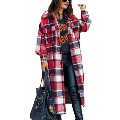 Clearance Women's Lounge Lapel Button Up Long Sleeve Plaid Long Shirt Jacket Shacket A-red