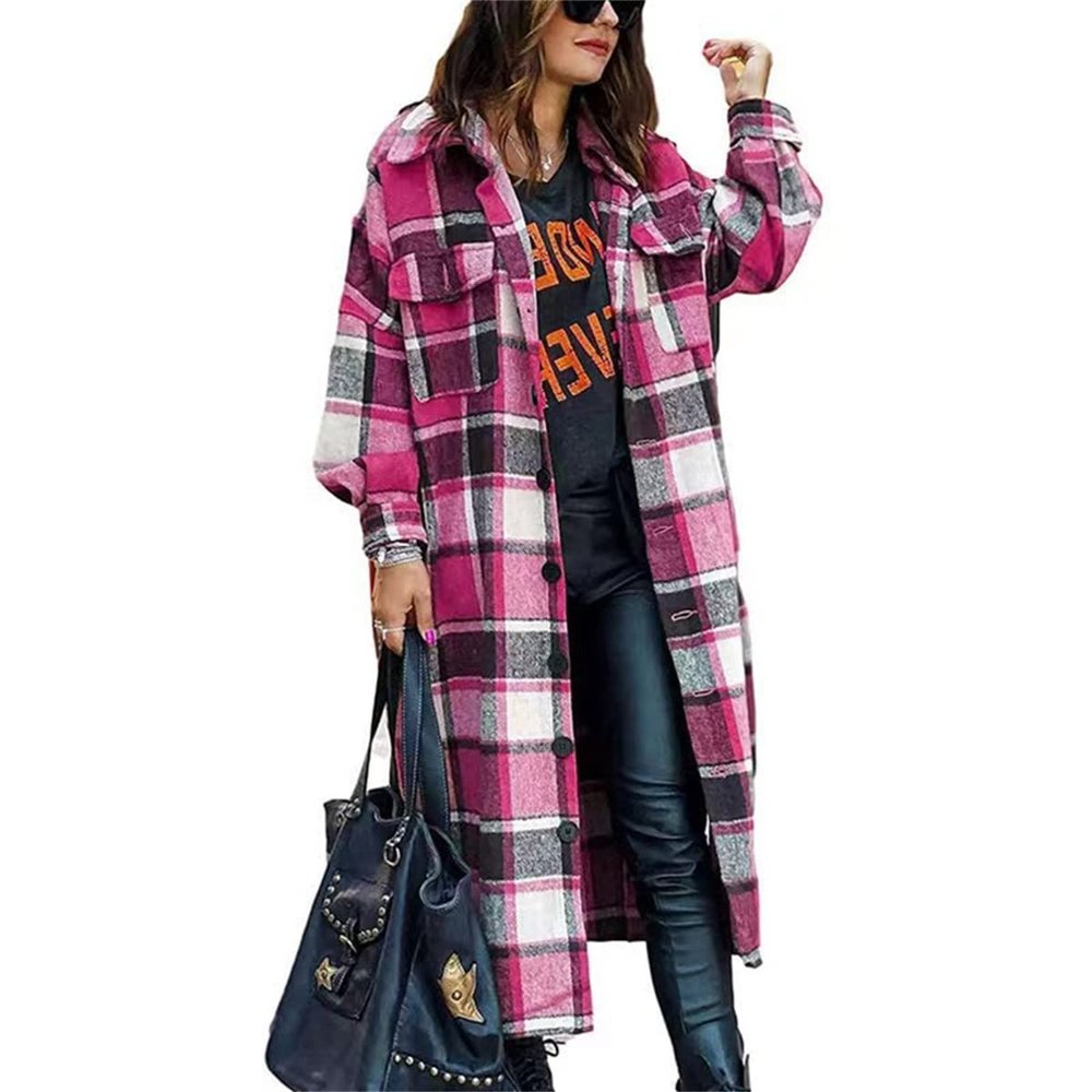 Clearance Women's Fall Color Block Plaid Flannel Shacket Jacket Button Down Shirt Coat Tops