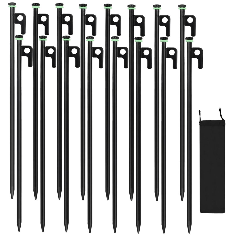 16Pcs Tent Stakes, 16in Heavy Duty Tent Stakes with Storage Pouch, Dia 0.35" Forged Steel Stakes for Tent Used on Rocks, Grassland, Snowfield(16Pcs 16in Stakes)