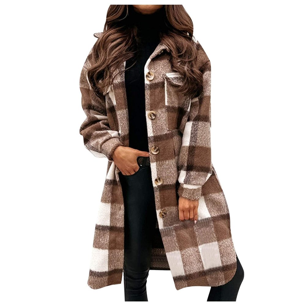 Clearance Women's Casual Plaid Flannel Shacket Jacket Oversized Long Sleeve Button Down Shirts Jacket Lapel Coats Tops