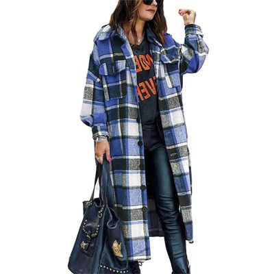 Clearance Women's Flannel Plaid Shacket Long Sleeve Button Down Shirts Jacket Coats with Side Pockets A-Blue