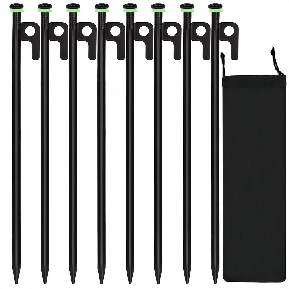 8Pcs Tent Stakes, 16in Heavy Duty Tent Stakes with Storage Pouch, Dia 0.35" Forged Steel Stakes for Tent Used on Rocks, Grassland, Snowfield(8Pcs 16in Stakes)