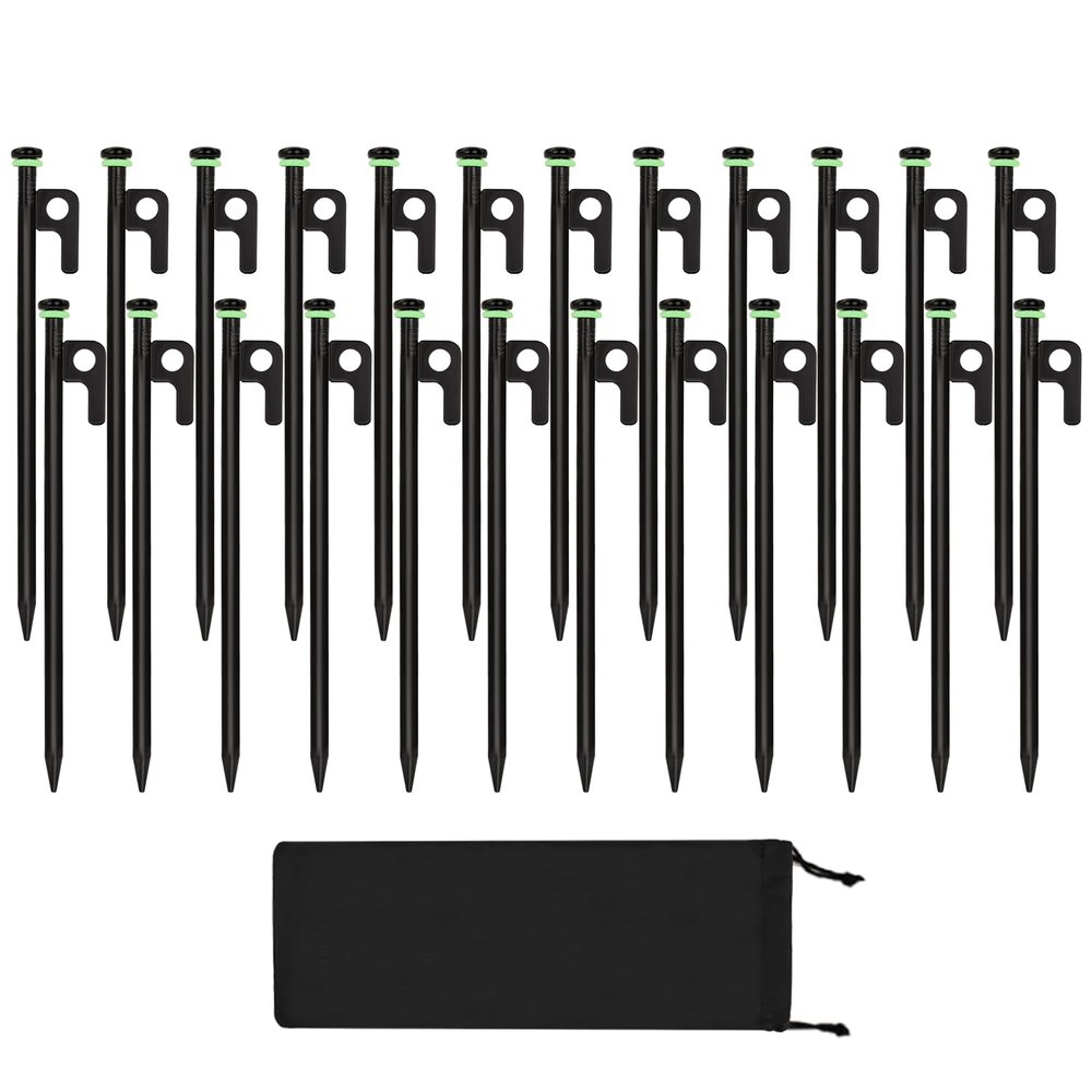 24Pcs Tent Stakes, 12in Heavy Duty Tent Stakes with Storage Pouch, Dia 0.35" Forged Steel Stakes for Tent Used on Rocks, Grassland, Snowfield(24Pcs 12in Stakes)