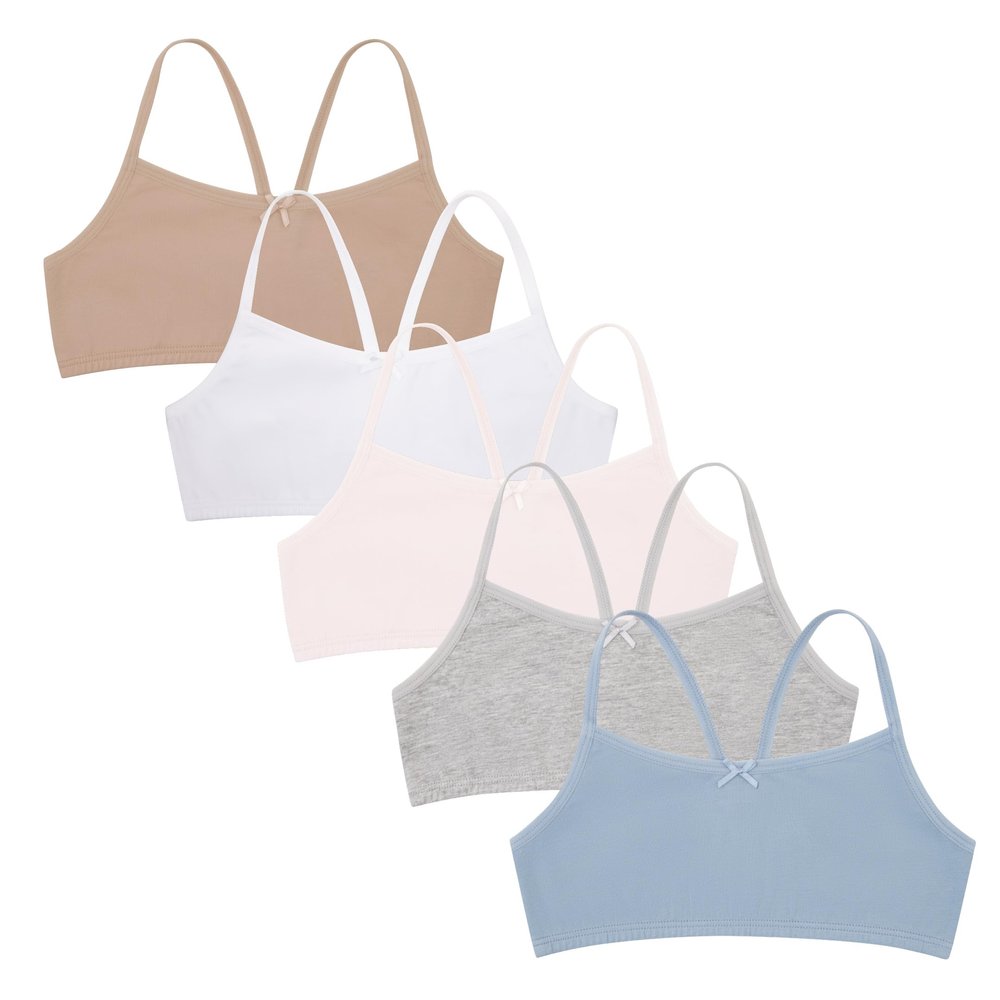 Rene Rofe 5 Pack Cotton Girls Training Bras - Racerback Crop Cami Training Bras for Girls Blush/Beige
