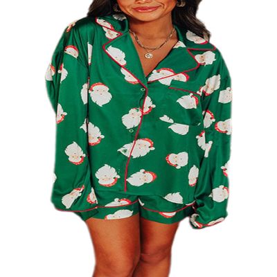 NUFIWI Women Christmas Pajamas Shorts Set Cute Santa Pjs Long Sleeve Notch Collar Shirt Lounge Pants 2Piece Holiday Sleepwear(Cute Santa Claus Green,L)