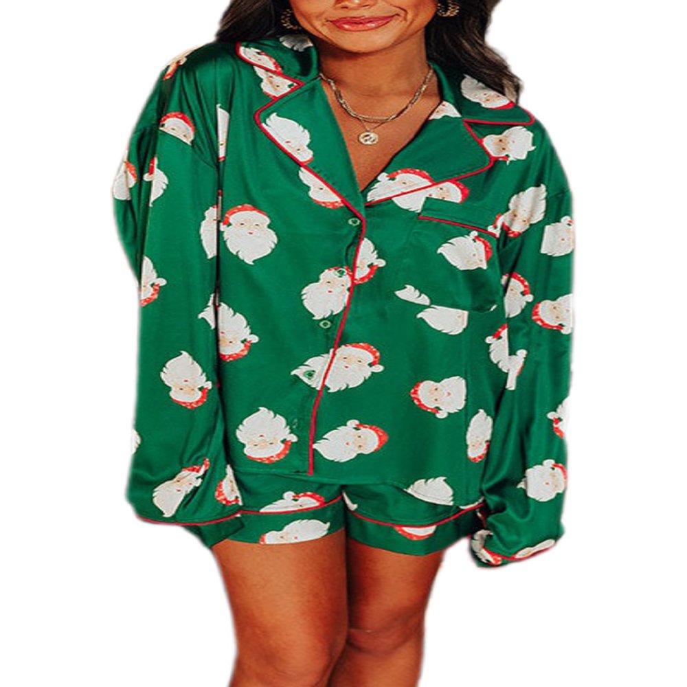 NUFIWI Women Christmas Pajamas Shorts Set Cute Santa Pjs Long Sleeve Notch Collar Shirt Lounge Pants 2Piece Holiday Sleepwear(Cute Santa Claus Green,L)