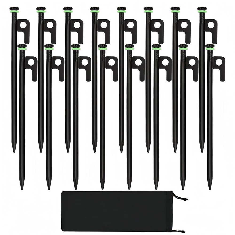 16Pcs Tent Stakes, 12in Heavy Duty Tent Stakes with Storage Pouch, Dia. 0.35" Forged Steel Stakes for Tent Used on Rocks, Grassland, Snowfield(16Pcs 12in Stakes)