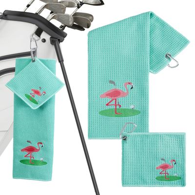 Embroidered Golf Towel Set  Custom Towels for Golf Bags & Carts  Golf Accessories & Gifts for Kids, Men, & Women  Microfiber Waffle and Ball Towels  Flamingo Design - 2-Pack