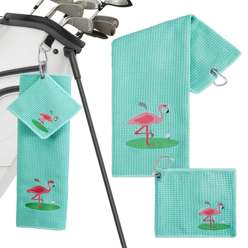 Embroidered Golf Towel Set  Custom Towels for Golf Bags & Carts  Golf Accessories & Gifts for Kids, Men, & Women  Microfiber Waffle and Ball Towels  Flamingo Design - 2-Pack