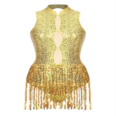 iiniim Women's Shiny Sequins Tassel Latin Jazz Dance Leotard Bodysuit Crisscross Back Lyrical Dance Costume 6_gold Small