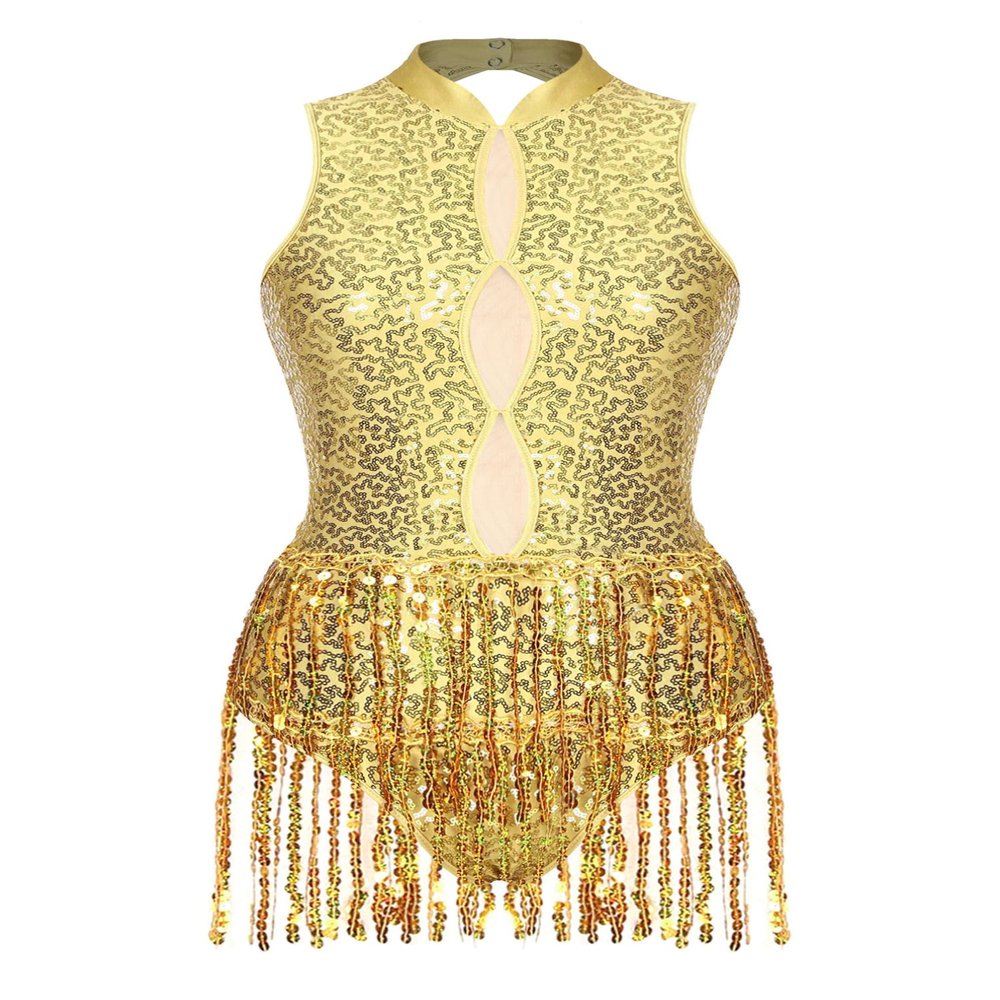 iiniim Women's Shiny Sequins Tassel Latin Jazz Dance Leotard Bodysuit Crisscross Back Lyrical Dance Costume 6_gold Small