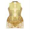 iiniim Women's Shiny Sequins Tassel Latin Jazz Dance Leotard Bodysuit Crisscross Back Lyrical Dance Costume 6_gold Small view 1