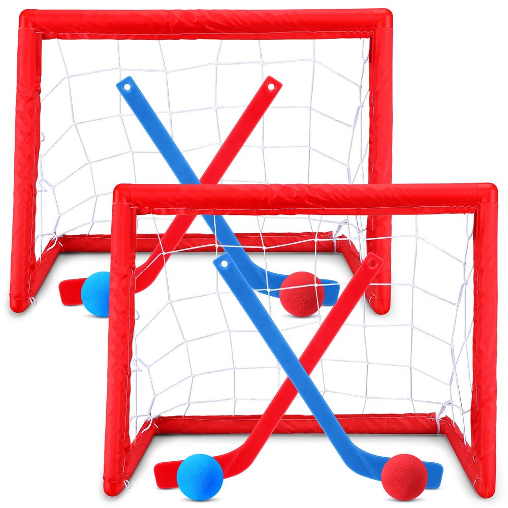 Leyndo 2 Sets Kids Mini Hockey Set Includes 2 Hockey Nets 2 Mini Hockey Goal 4 Plastic Mini Hockey Sticks 4 Foam Balls Knee Hockey Goal Hockey Ball for Kids Indoor Floor(Bright Color)