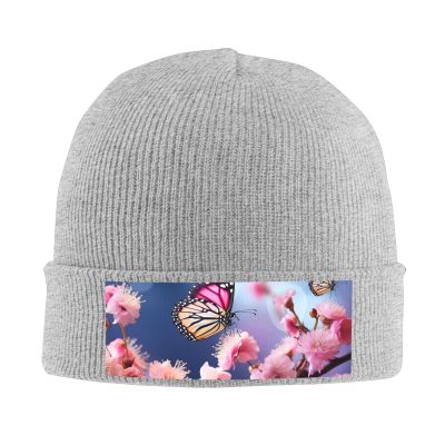 BTCOWZRV Knit Slouchy Beanie Hats for Men Women Flowers Butterflies Warm Cozy Knitted Cuffed Cap Winter Thick Ski Cap Gray