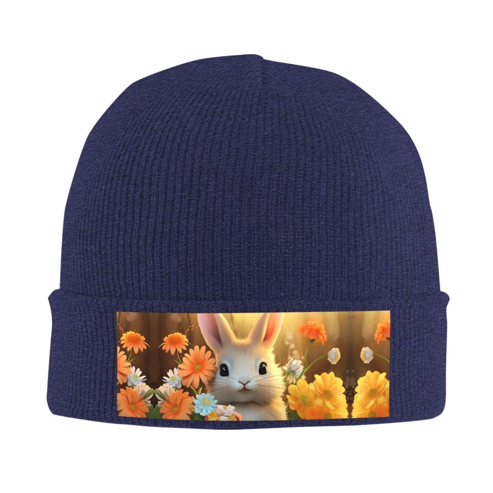 Knit Slouchy Beanie Hats for Men Women Rabbit Bird Flower Warm Cozy Knitted Cuffed Cap Winter Thick Ski Cap Navy Blue