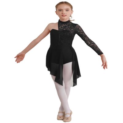 Shinsto Kids Girls Figure Skating Dress Asymmetrical Hem Lyrical Modern Contemporary Dance Costume Black 8 Years