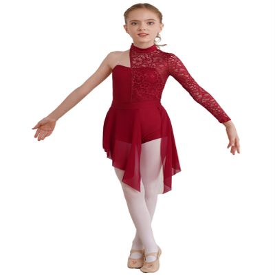 Shinsto Kids Girls Figure Skating Dress Asymmetrical Hem Lyrical Modern Contemporary Dance Costume Burgundy 12 Years