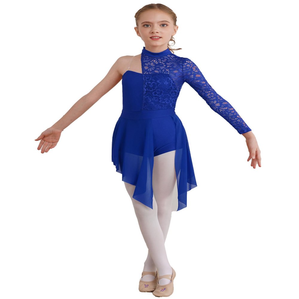 Shinsto Kids Girls Figure Skating Dress Asymmetrical Hem Lyrical Modern Contemporary Dance Costume Royal Blue 14 Years