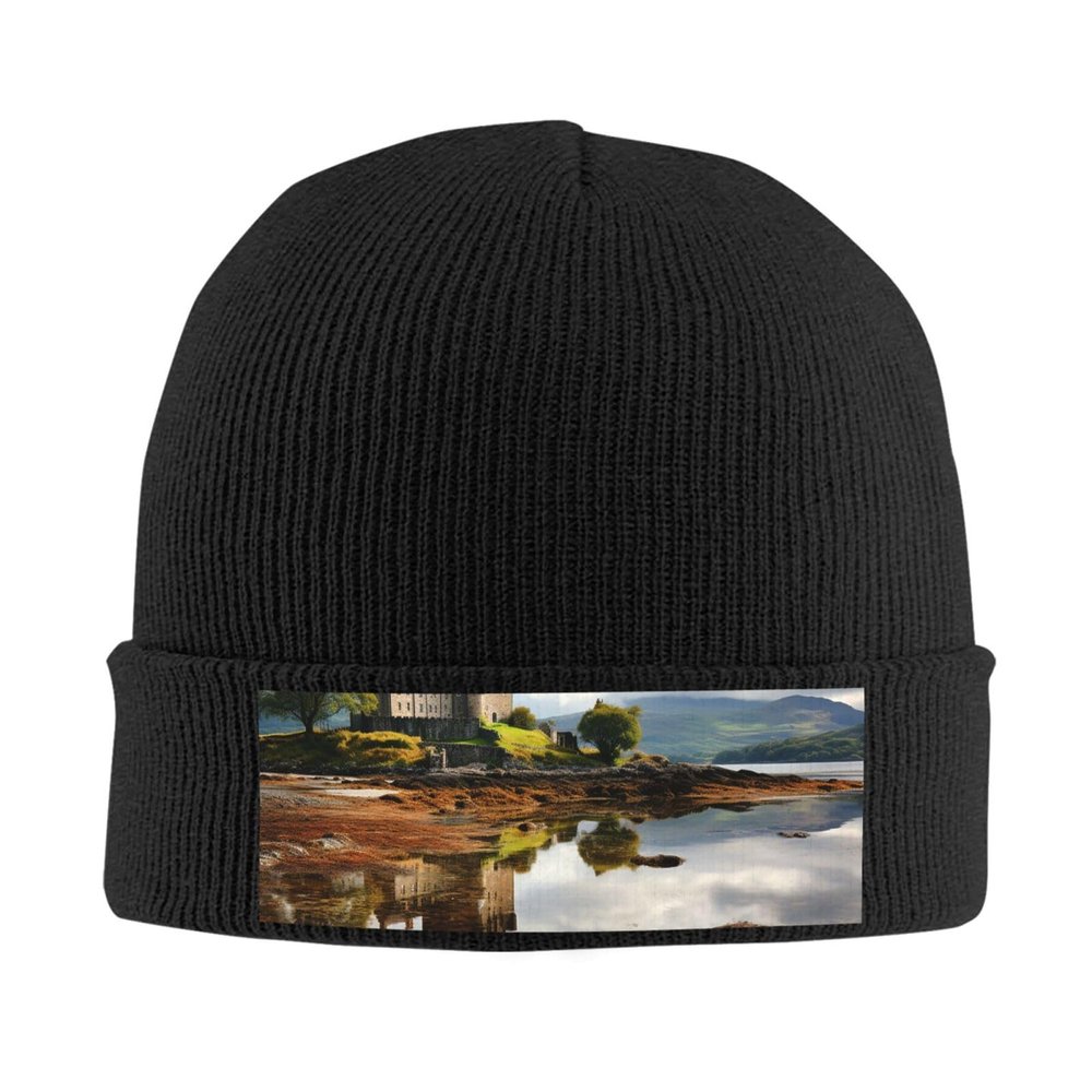 Knit Slouchy Beanie Hats for Men Women Scotland Castle Water Lake Warm Cozy Knitted Cuffed Cap Winter Thick Ski Cap Black