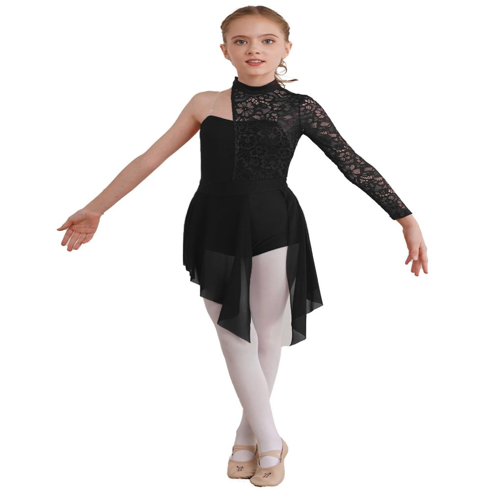 Shinsto Kids Girls Figure Skating Dress Asymmetrical Hem Lyrical Modern Contemporary Dance Costume Black 6 Years