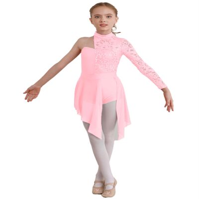 Shinsto Kids Girls Figure Skating Dress Asymmetrical Hem Lyrical Modern Contemporary Dance Costume Pink 12 Years