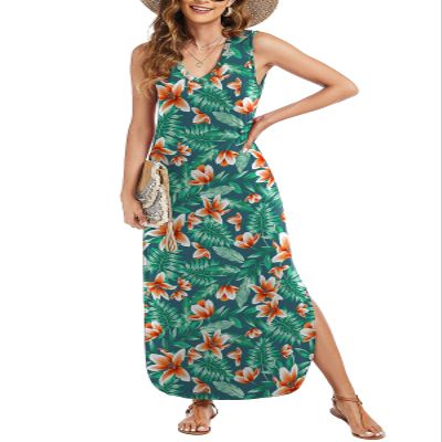 Arolina Maxi Dress for Women Tropical Summer V Neck Sleeveless Split Long Beach Dresses Casual Loose Sundress with Pockets