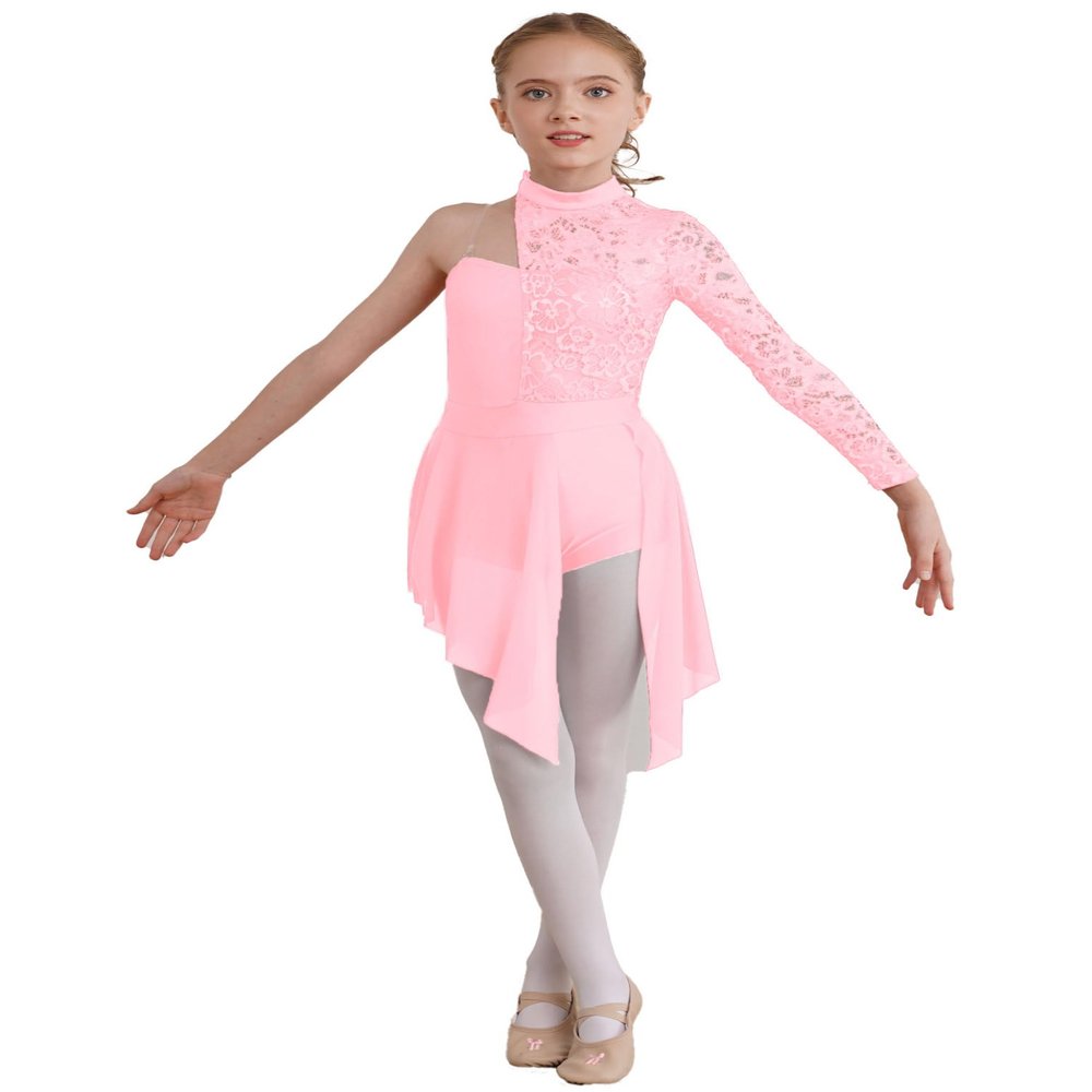 Shinsto Kids Girls Figure Skating Dress Asymmetrical Hem Lyrical Modern Contemporary Dance Costume Pink 8 Years