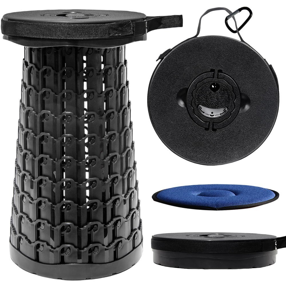 ALEVMOOM 2025 XXL 19.7" Collapsible Stool with Cushion, Capacity 1000lbs Portable Stools for Adults Heavy Duty, Adjustable Height Telescoping Folding Stool, for Outdoor Camping Travel Hiking Fishing