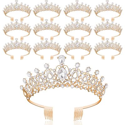 Loetere 12 Pcs Crystal Tiara and Princess Crown with Comb Crown Rhinestone Women Tiara Headpiece Queen Hair Accessories for Birthday Party Wedding Prom Halloween Cosplay Costume(Gold)