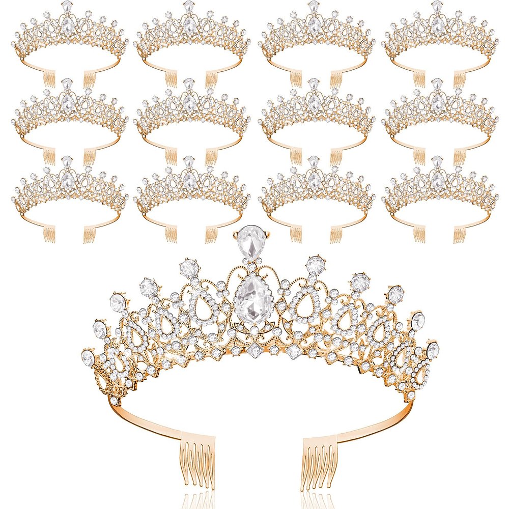 Loetere 12 Pcs Crystal Tiara and Princess Crown with Comb Crown Rhinestone Women Tiara Headpiece Queen Hair Accessories for Birthday Party Wedding Prom Halloween Cosplay Costume(Gold)