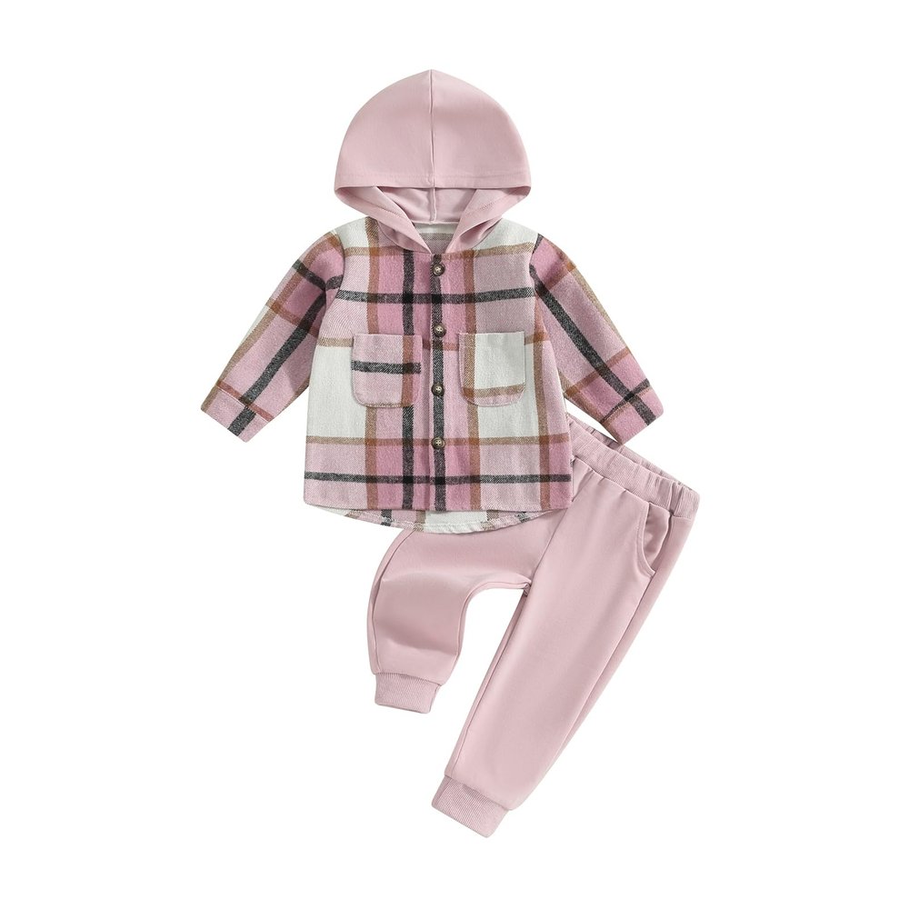 MERSARIPHY Toddler Baby Boy Outfits Baby Plaid Hoodies Flannel Jacket + Drawstring Pants Baby Fall Winter Clothes (Pink, 5-6 Years)