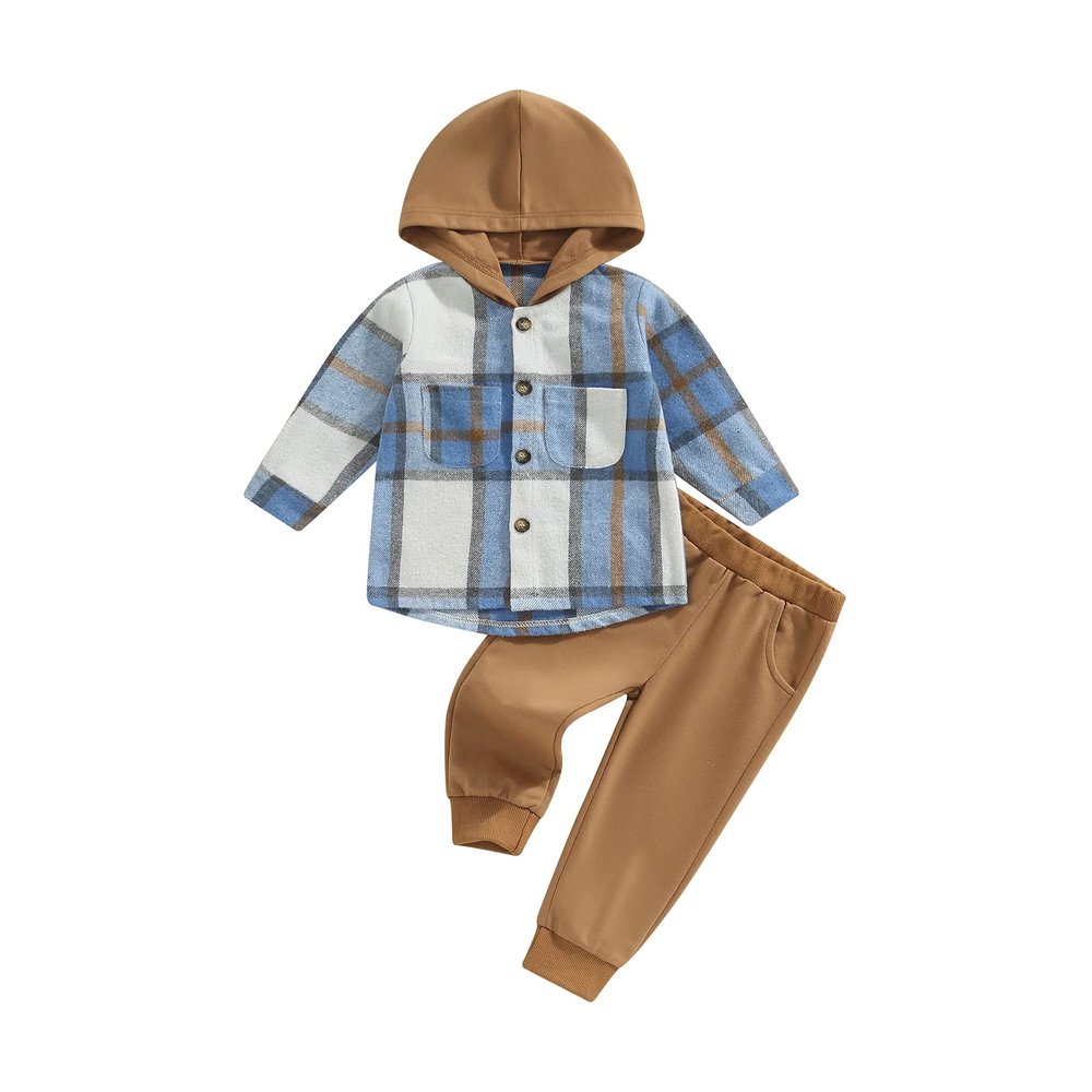 MERSARIPHY Toddler Baby Boy Outfits Baby Plaid Hoodies Flannel Jacket + Drawstring Pants Baby Fall Winter Clothes (Blue, 3-6 Months)