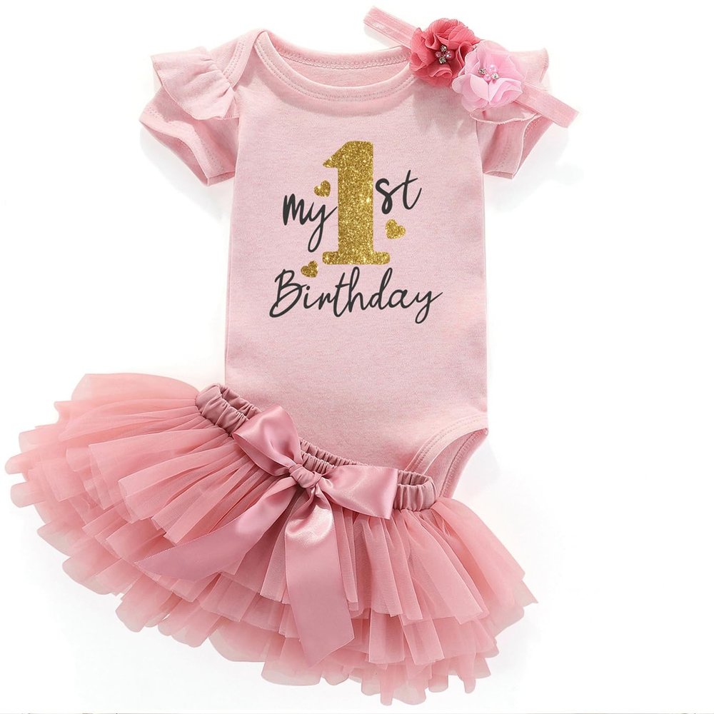 Acwssit My 1St Birthday Girl Outfit Tutu For Baby Girl Happy First Birthday Outfits Baby Clothes Pink Bodysuit Pink Skirt 12 Months